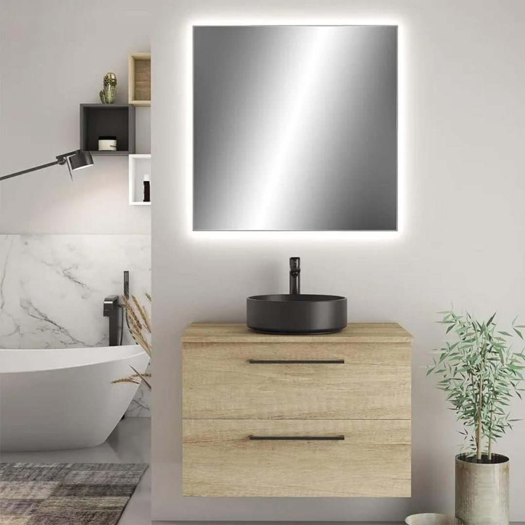 Heilmetz Specchio da bagno con luce led 80x60cm, specchio da parete in acrilico con Touch e Antiappannamento e Orologio,3 colori di luce